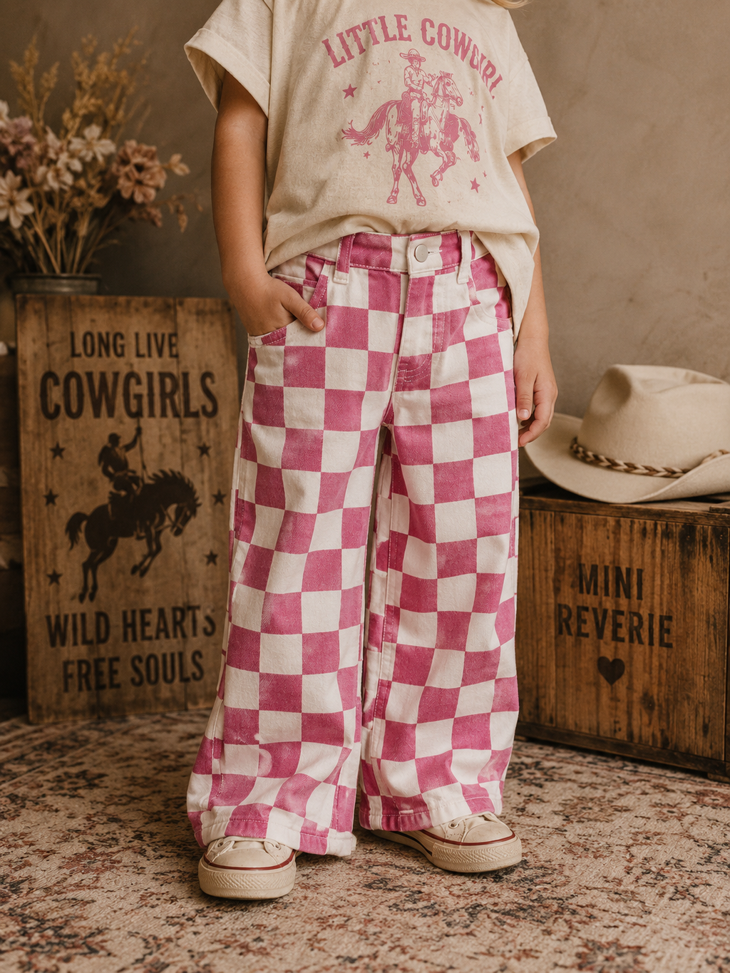 Checkered Print Barrel Denim Pants