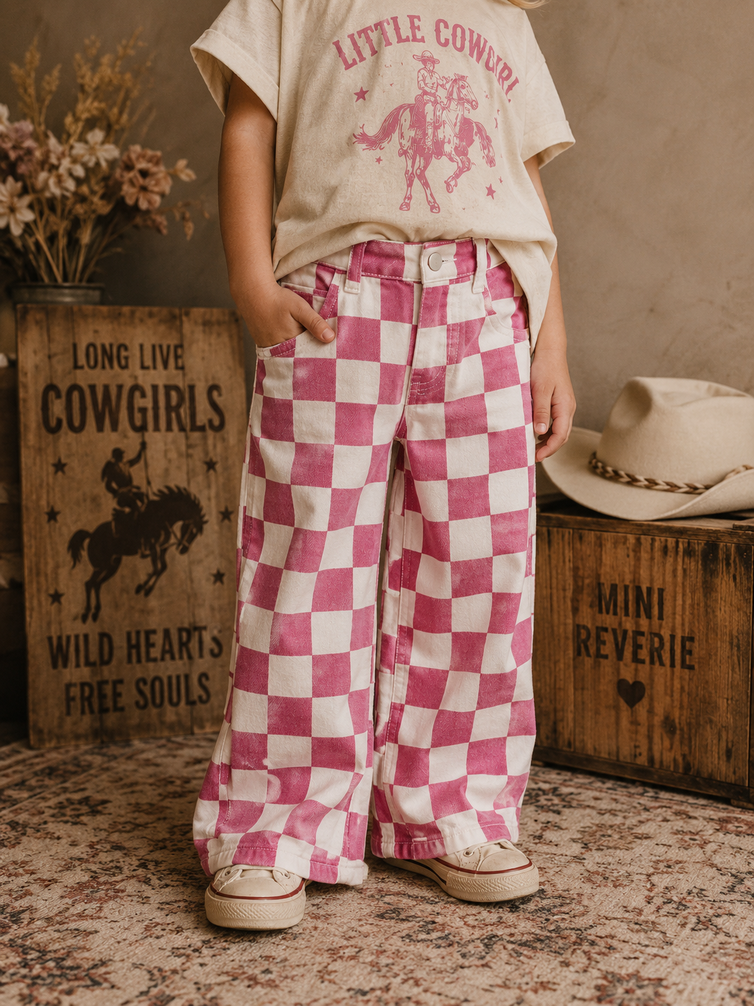 Checkered Print Barrel Denim Pants