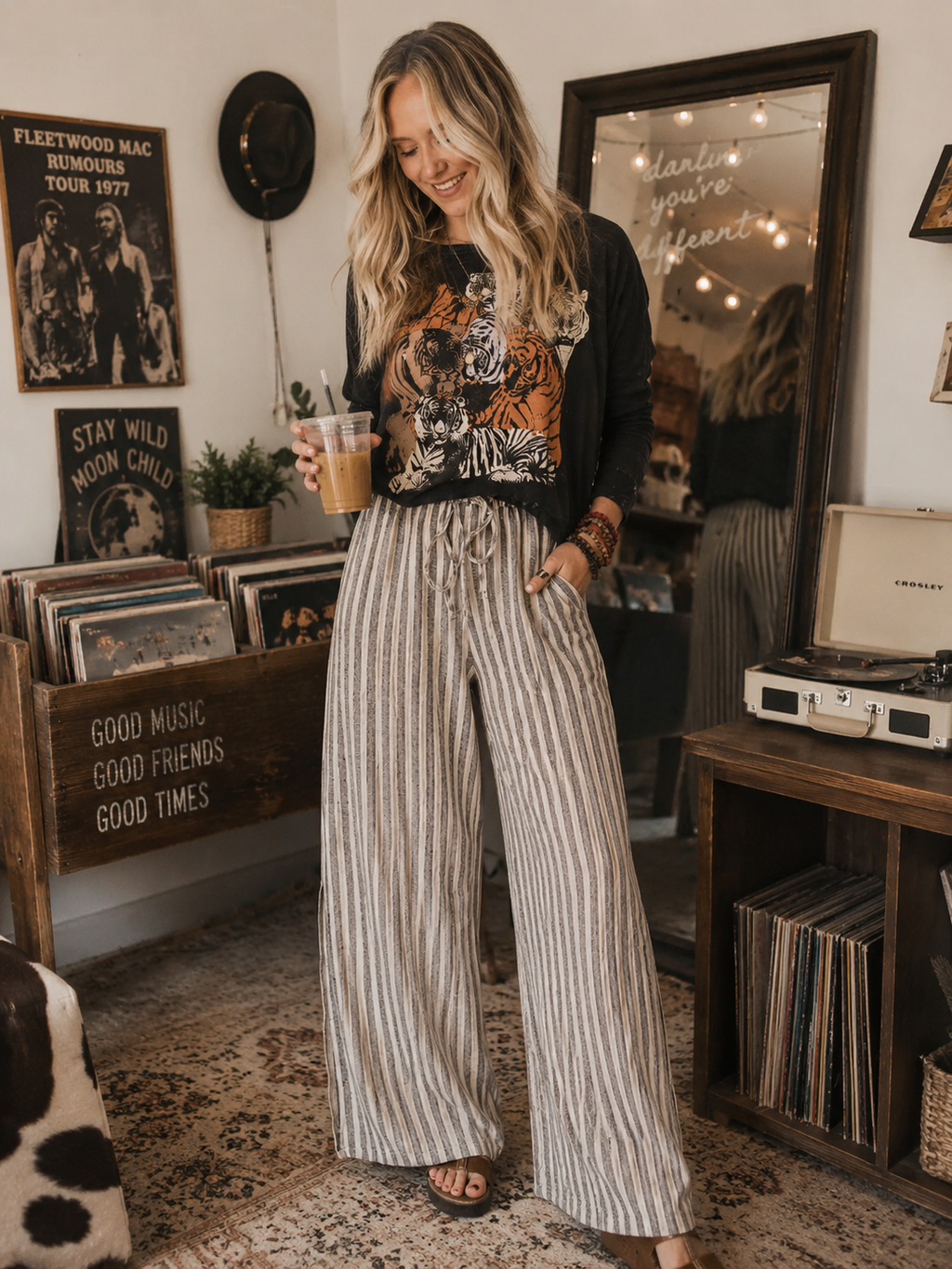 Taupe Striped Drawstring Pants