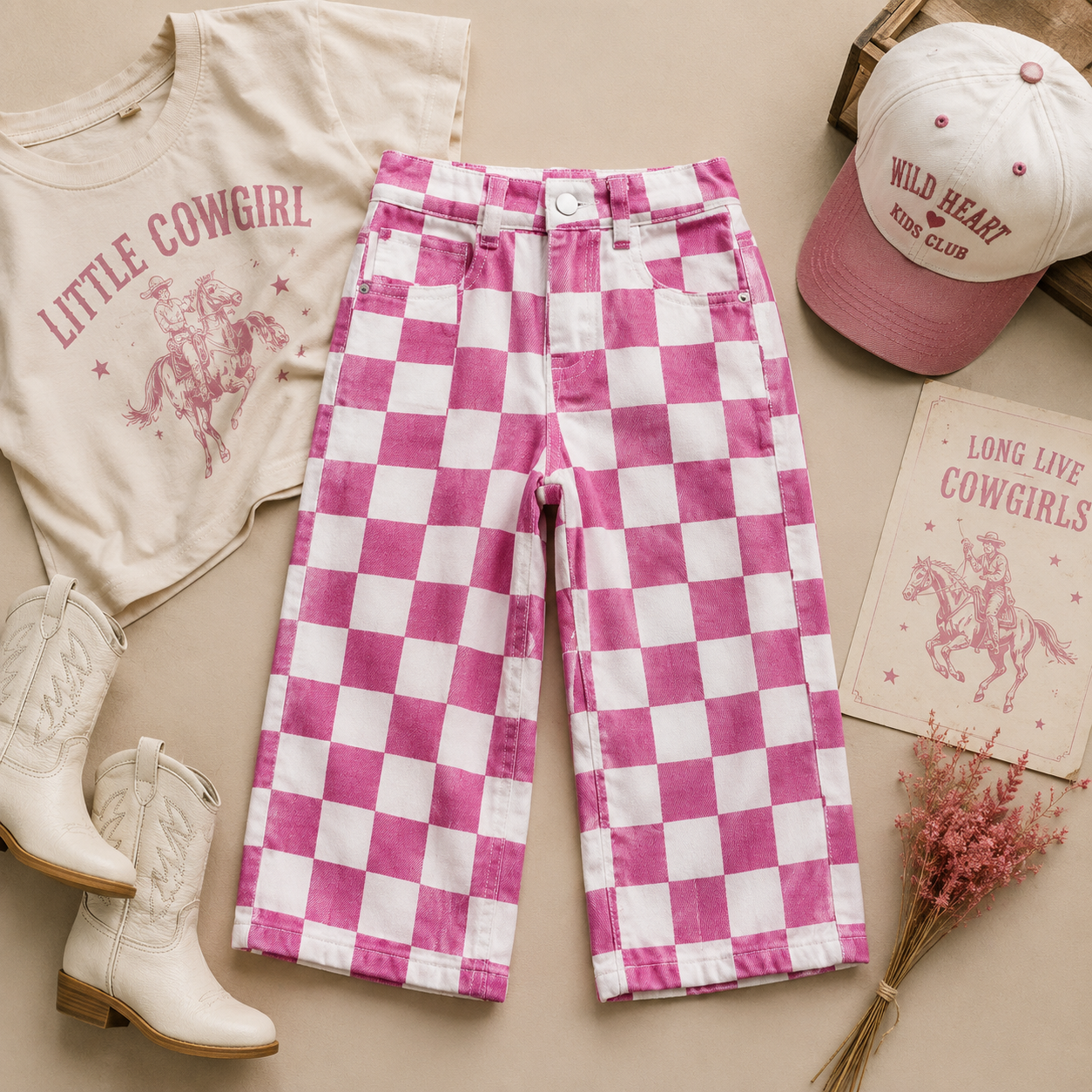 Checkered Print Barrel Denim Pants