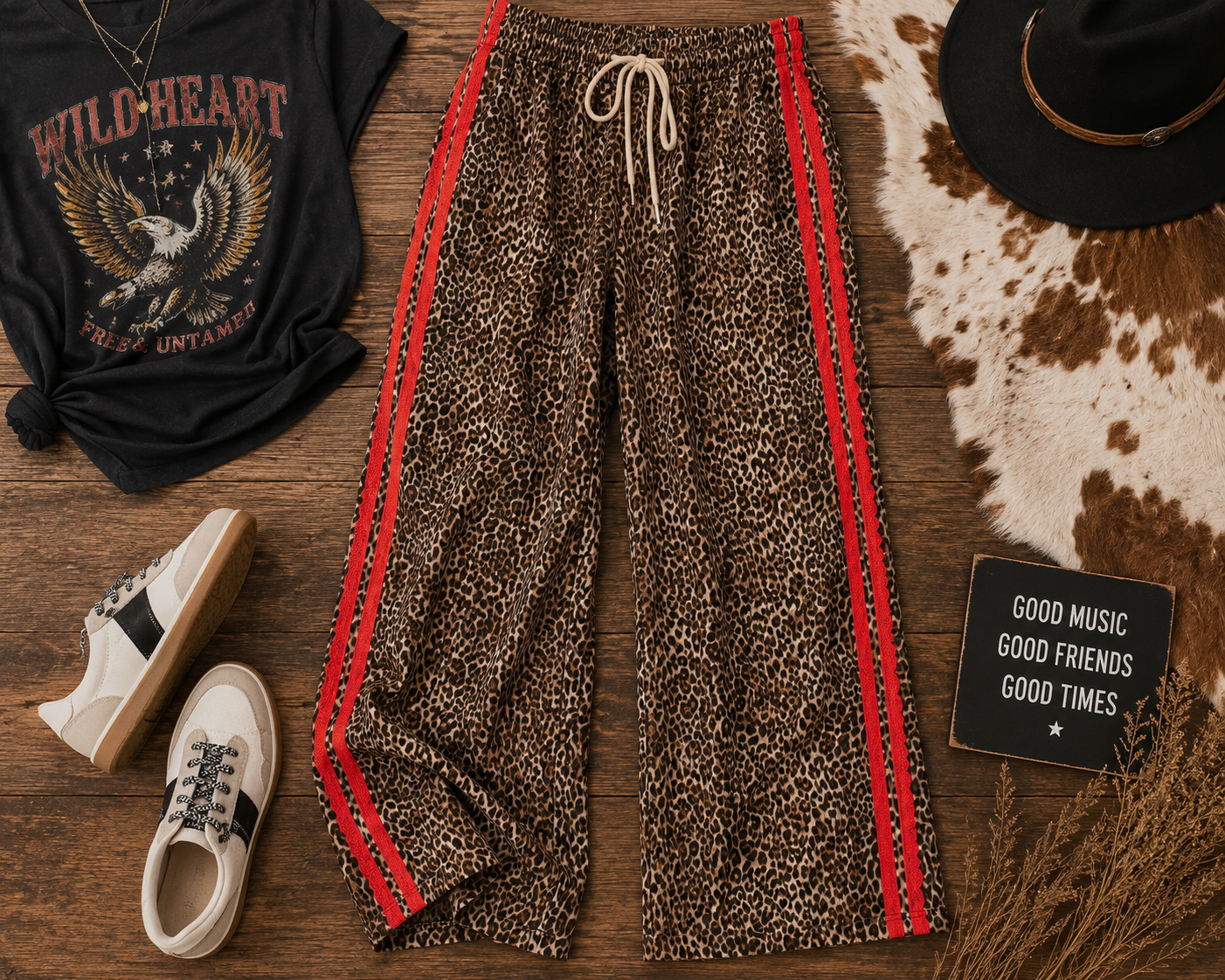 Leopard Lace Striped Drawstring Pants