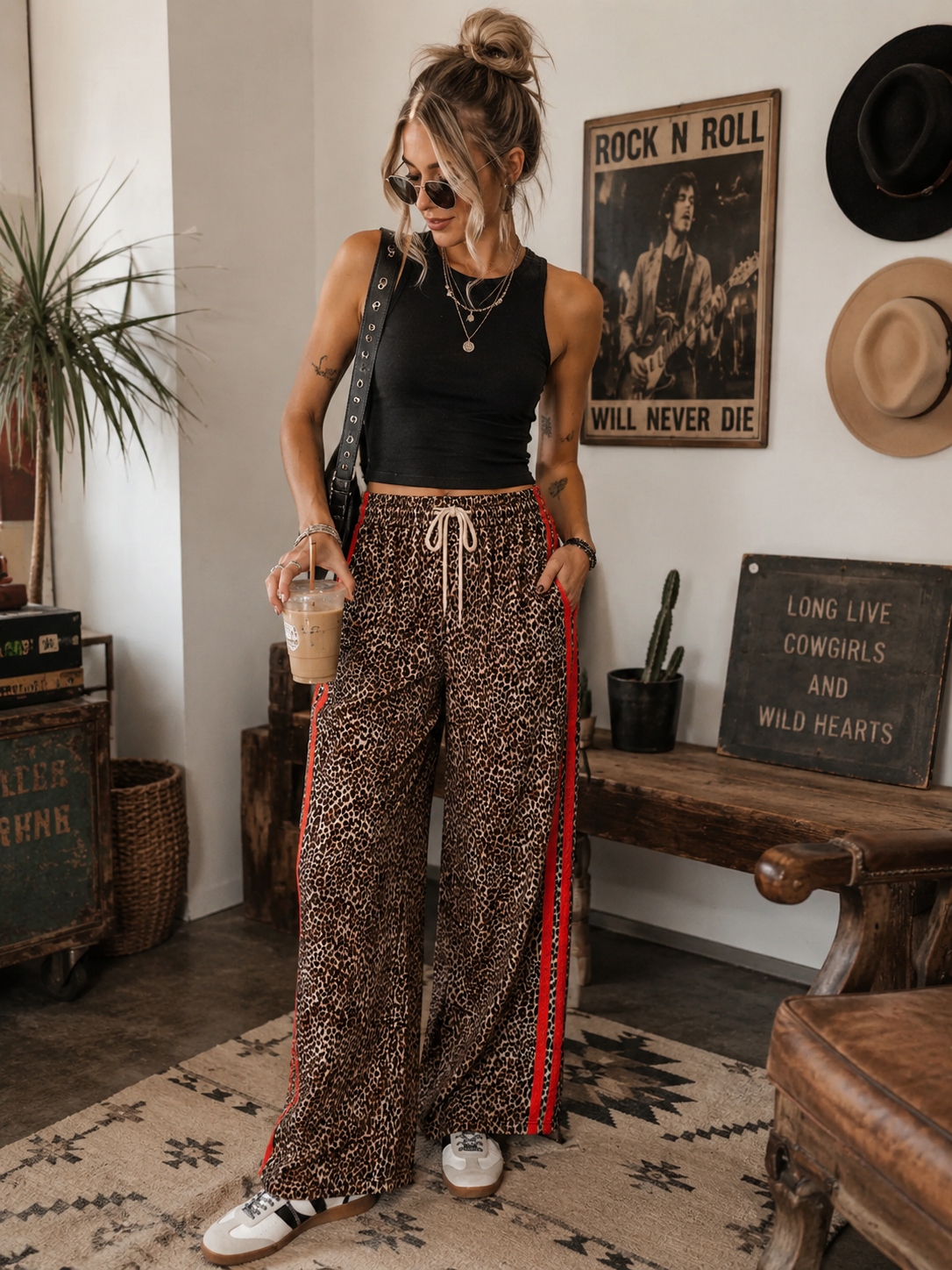 Leopard Lace Striped Drawstring Pants